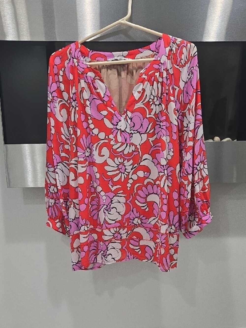 Trina Turk Pink and Coral Floral V-Neck Blouse